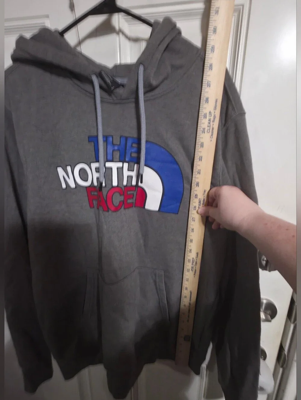 The North Face Men's Grey Hoodie with Red, White & Blue Logo Size L